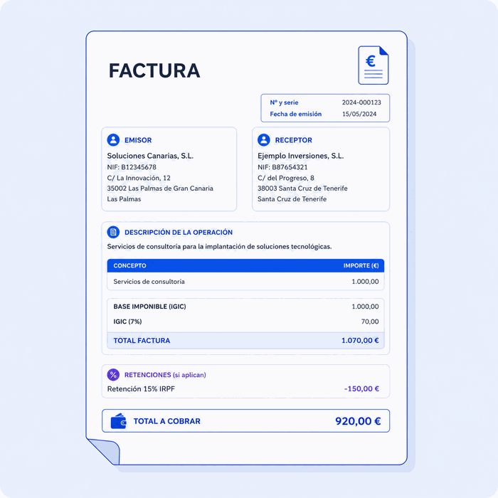 Ejemplo de factura con IGIC y retención IRPF
